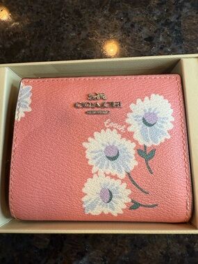 Coach Pink Floral Bifold Card Wallet with Silver Logo